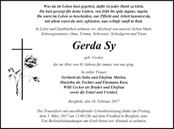 Traueranzeige von Gerda Sy von Pasewalker Zeitung