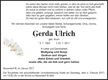 Traueranzeige von Gerda Ulrich von Vorpommern Kurier