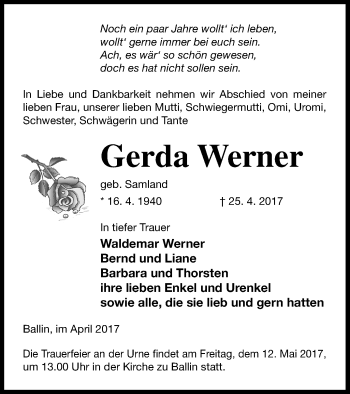 Traueranzeige von Gerda Werner von Neubrandenburger Zeitung