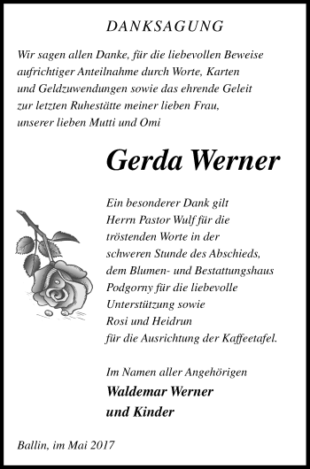 Traueranzeige von Gerda Werner von Neubrandenburger Zeitung