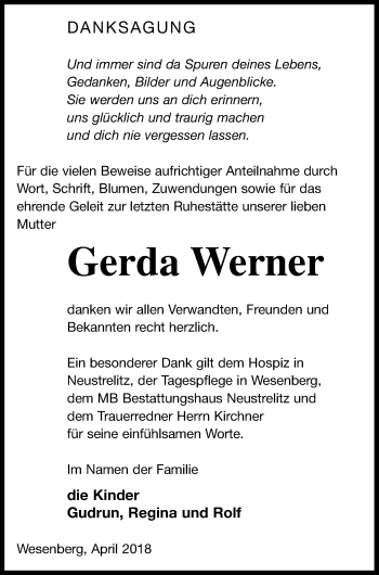 Traueranzeige von Gerda Werner von Strelitzer Zeitung