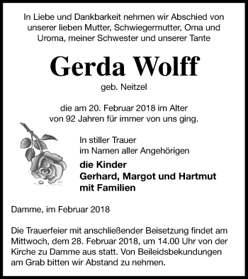 Traueranzeige von Gerda Wolff von Prenzlauer Zeitung