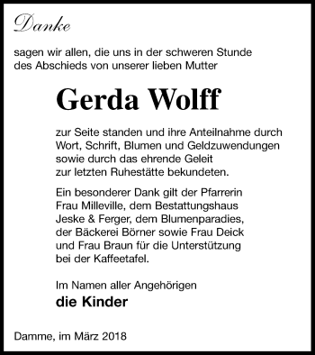 Traueranzeige von Gerda Wolff von Prenzlauer Zeitung