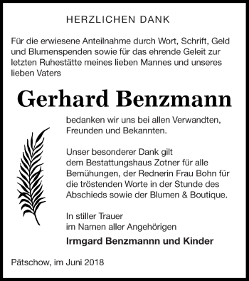 Traueranzeige von Gerhard Benzmann von Vorpommern Kurier