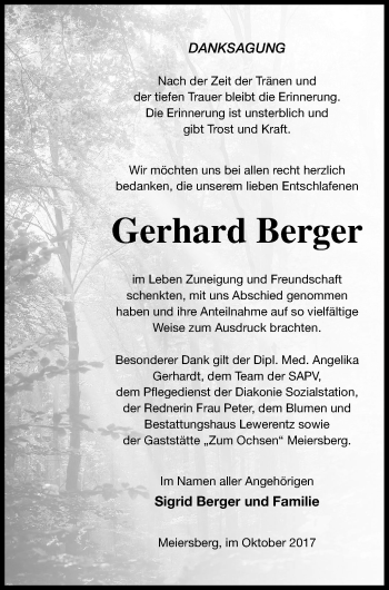 Traueranzeige von Gerhard Berger von Haff-Zeitung