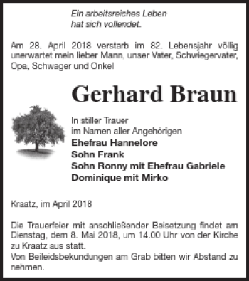 Traueranzeige von Gerhard Braun von Prenzlauer Zeitung