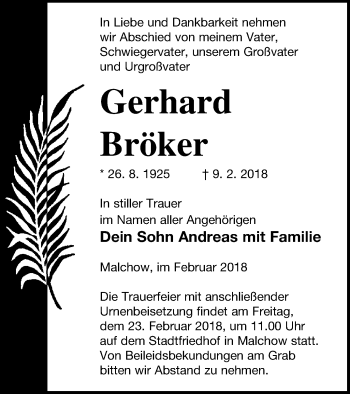 Traueranzeige von Gerhard Bröker von Müritz-Zeitung
