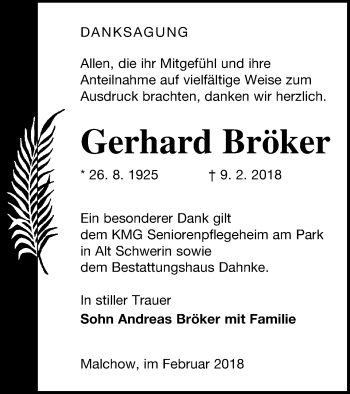 Traueranzeige von Gerhard Bröker von Müritz-Zeitung