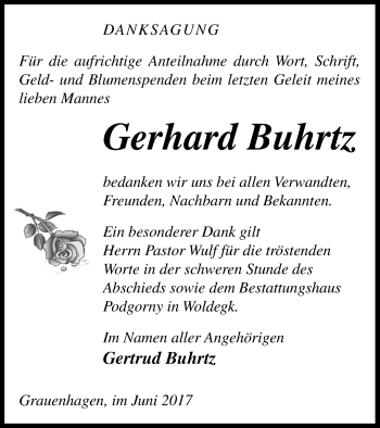 Traueranzeige von Gerhard Buhrtz von Strelitzer Zeitung