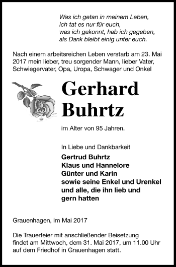 Traueranzeige von Gerhard Buhrtz von Strelitzer Zeitung