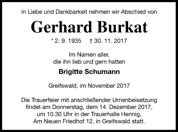 Traueranzeige von Gerhard Burkat von Demminer Zeitung