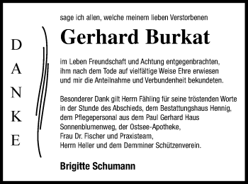 Traueranzeige von Gerhard Burkat von Demminer Zeitung