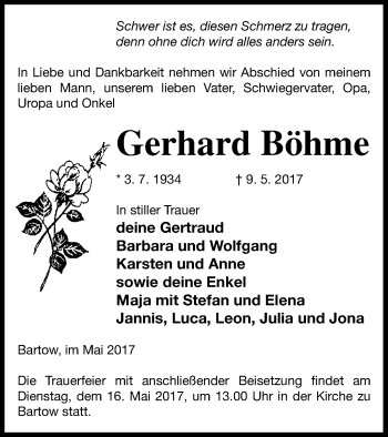 Traueranzeige von Gerhard Böhme von Neubrandenburger Zeitung