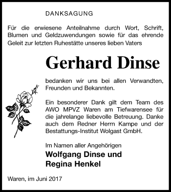 Traueranzeige von Gerhard Dinse von Demminer Zeitung