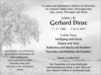 Traueranzeige von Gerhard Dinse von Demminer Zeitung