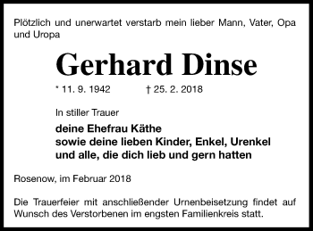 Traueranzeige von Gerhard Dinse von Neubrandenburger Zeitung