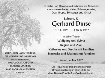 Traueranzeige von Gerhard Dinse von Müritz-Zeitung