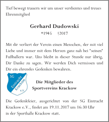 Traueranzeige von Gerhard Dudowski von Pasewalker Zeitung