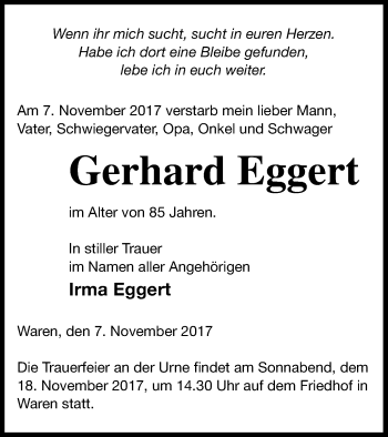 Traueranzeige von Gerhard Eggert von Müritz-Zeitung