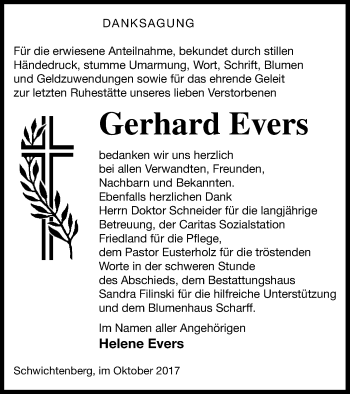 Traueranzeige von Gerhard Evers von Neubrandenburger Zeitung