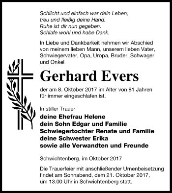 Traueranzeige von Gerhard Evers von Neubrandenburger Zeitung