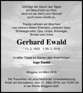 Traueranzeige von Gerhard Ewald von Mecklenburger Schweiz