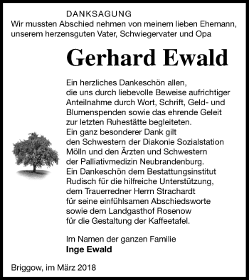 Traueranzeige von Gerhard Ewald von Mecklenburger Schweiz