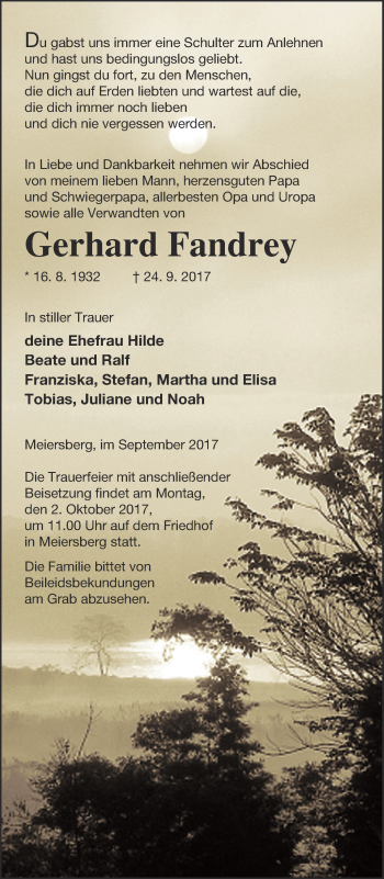 Traueranzeige von Gerhard Fandrey von Haff-Zeitung