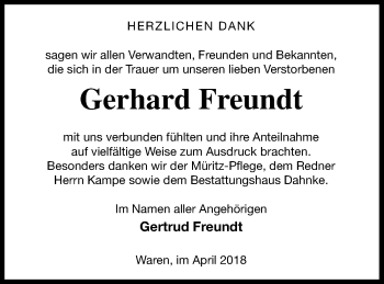 Traueranzeige von Gerhard Freundt von Müritz-Zeitung