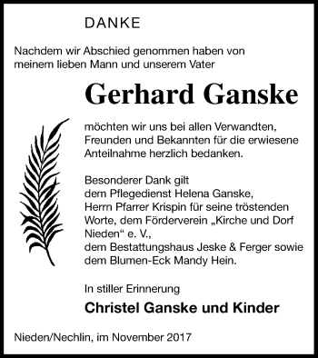 Traueranzeige von Gerhard Ganske von Pasewalker Zeitung