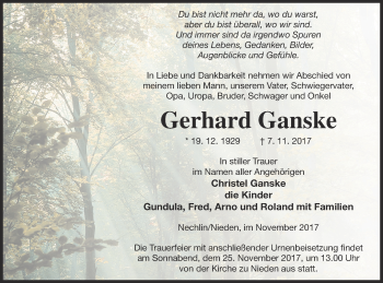 Traueranzeige von Gerhard Ganske von Pasewalker Zeitung