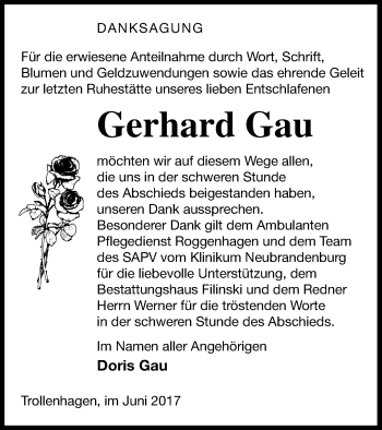 Traueranzeige von Gerhard Gau von Neubrandenburger Zeitung