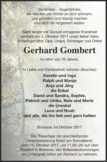 Traueranzeige von Gerhard Gombert von Prenzlauer Zeitung