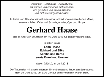 Traueranzeige von Gerhard Haase von Müritz-Zeitung