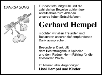 Traueranzeige von Gerhard Hempel von Mecklenburger Schweiz