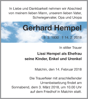Traueranzeige von Gerhard Hempel von Mecklenburger Schweiz