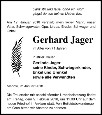 Traueranzeige von Gerhard Jager von Vorpommern Kurier