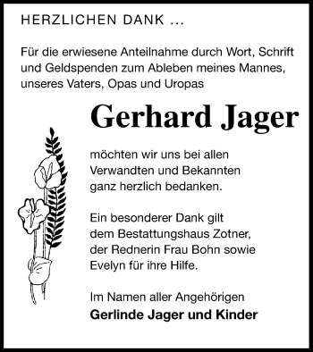 Traueranzeige von Gerhard Jager von Vorpommern Kurier