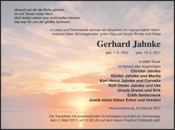 Traueranzeige von Gerhard Jahnke von Neubrandenburger Zeitung