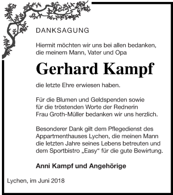 Traueranzeige von Gerhard Kampf von Templiner Zeitung