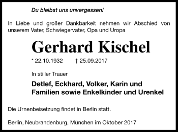 Traueranzeige von Gerhard Kischel von Neubrandenburger Zeitung