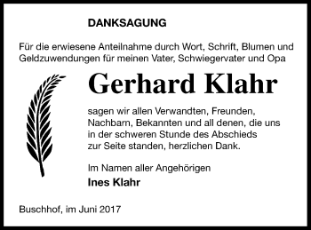 Traueranzeige von Gerhard Klahr von Strelitzer Zeitung