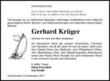 Traueranzeige von Gerhard Krüger von Neubrandenburger Zeitung