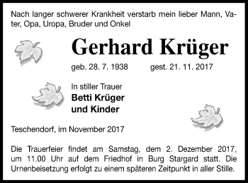 Traueranzeige von Gerhard Krüger von Neubrandenburger Zeitung