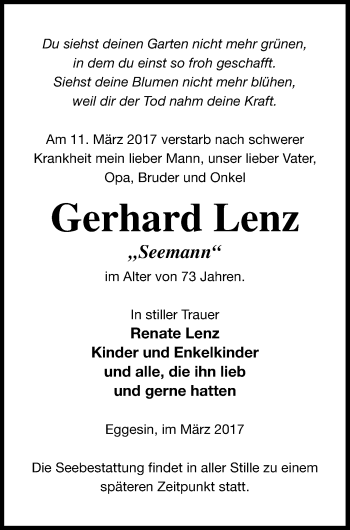 Traueranzeige von Gerhard Lenz von Haff-Zeitung