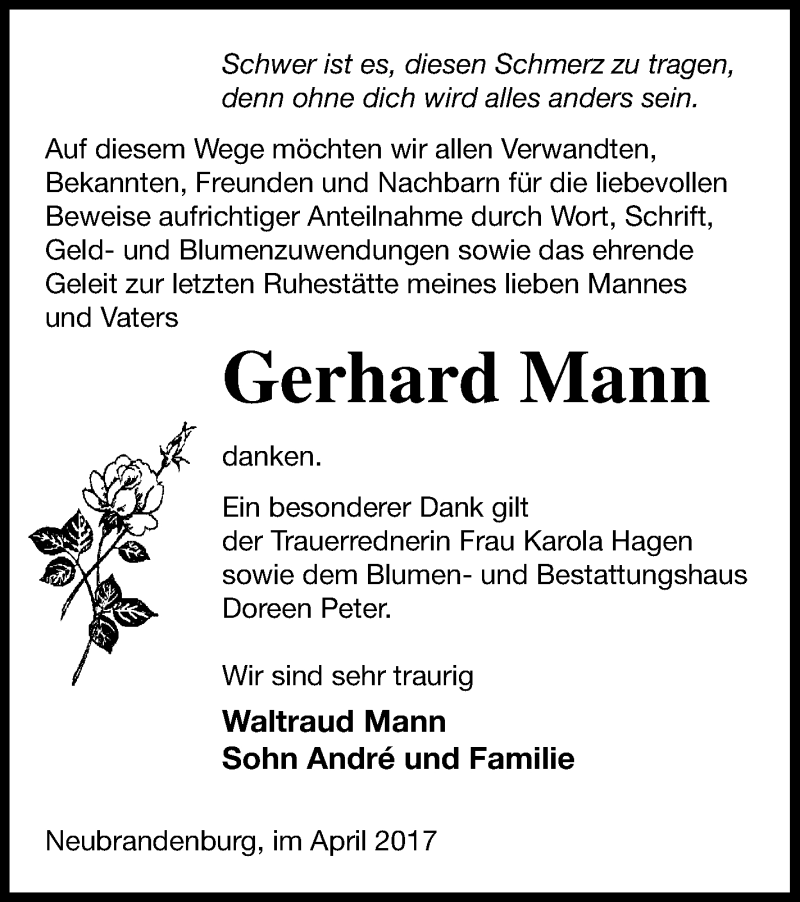  Traueranzeige für Gerhard Mann vom 13.04.2017 aus Neubrandenburger Zeitung