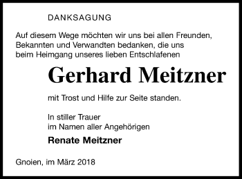 Traueranzeige von Gerhard Meitzner von Mecklenburger Schweiz