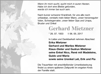 Traueranzeige von Gerhard Mietzner von Prenzlauer Zeitung