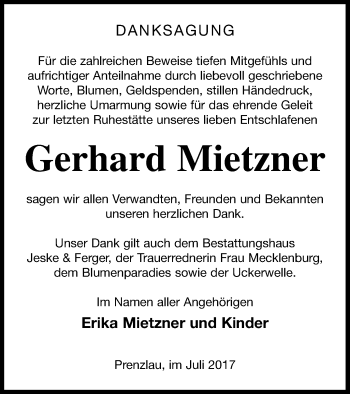 Traueranzeige von Gerhard Mietzner von Prenzlauer Zeitung