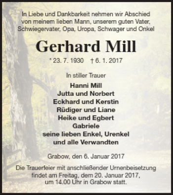 Traueranzeige von Gerhard Mill von Müritz-Zeitung